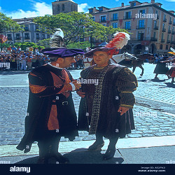 2, two, Spaniards, Spanish men, adult men, talking, festival, Plaza Mayor,  capital city, Segovia, Segovia Province, Castile and Leon, Spain, Europe  Stock Photo - Alamy